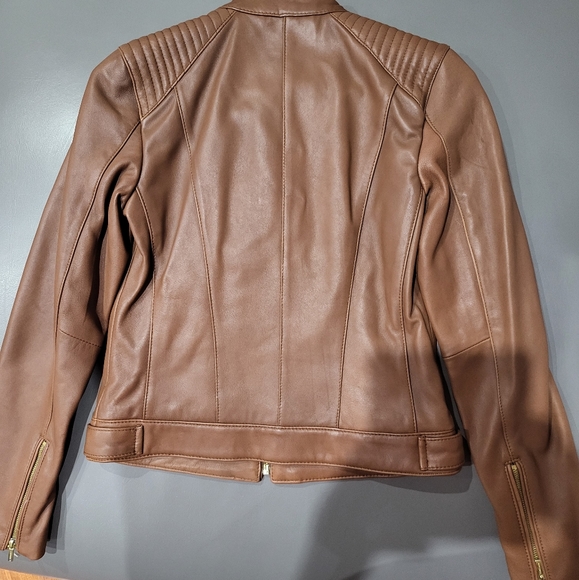 Cole Hann Caramel Brown Leather Moto Jacket Snap Button Neck - Picture 2 of 11